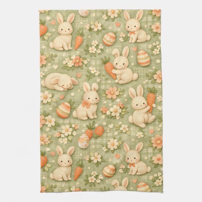 Cute Bunny & Carrot Cottage Pattern (2) Tea Towel (Vertical)