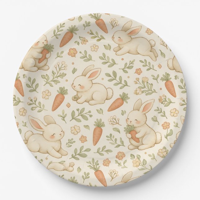 Cute Bunny & Carrot Cottage Pattern (3) Paper Plate (Front)