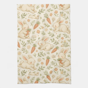 Cute Bunny & Carrot Cottage Pattern (3) Tea Towel