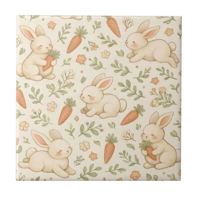 Cute Bunny & Carrot Cottage Pattern (3) Tile (Front)