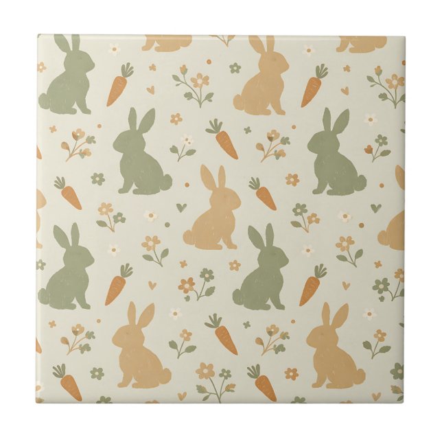 Cute Bunny & Carrot Cottage Pattern (4) Tile (Front)