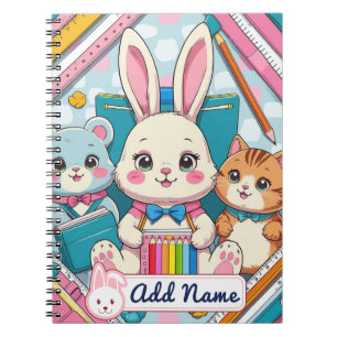 Cute Bunny & Cat Notebook – Editable Name