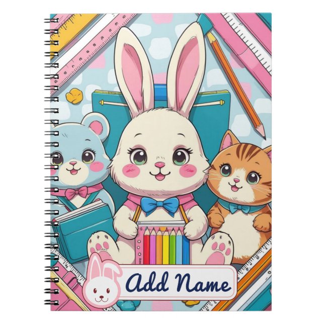 Cute Bunny & Cat Notebook – Editable Name (Front)