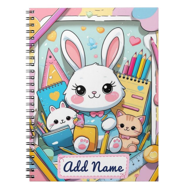 Cute Bunny & Cats Notebook – Editable Name (Front)