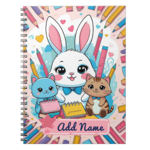 Cute Bunny & Cats Notebook – Editable Name