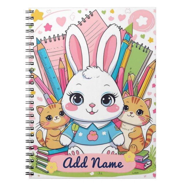 Cute Bunny & Cats Notebook – Editable Name (Front)