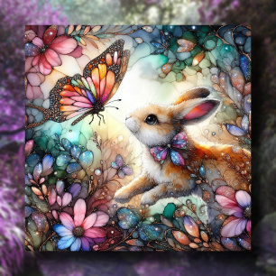 Cute Bunny Chasing Butterfly Stained Glass Easter Holiday Card