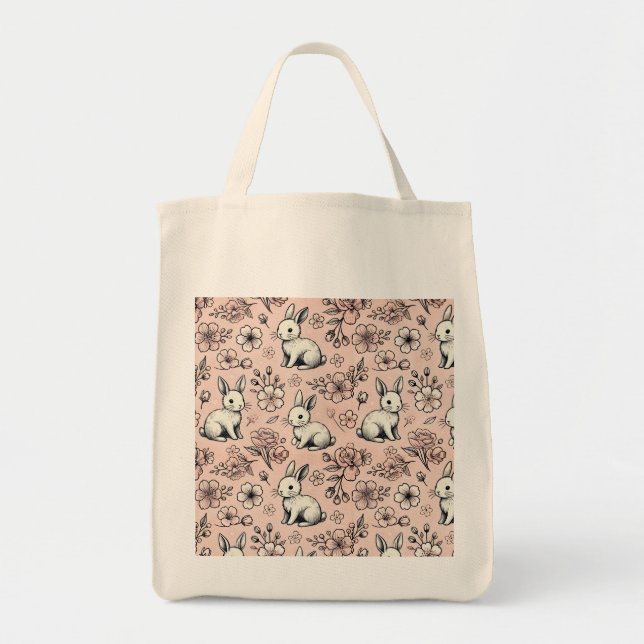 Cute Bunny & Cherry Blossom Tote Bag (Front)