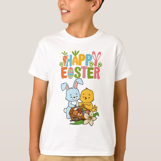 Cute Bunny & Chick "Happy Easter" Kids T-Shirt (Front)