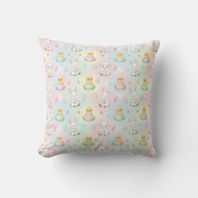 Cute Bunny Chick & Lamb Easter Pattern Cushion (Front)
