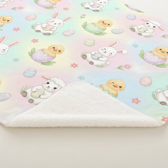 Cute Bunny Chick & Lamb Easter Pattern Sherpa Blanket (3/4)