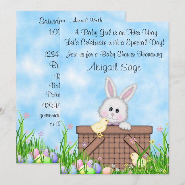 Cute Bunny, Chicks, Easter Eggs Girl's Baby Shower Invitation (Front/Back)