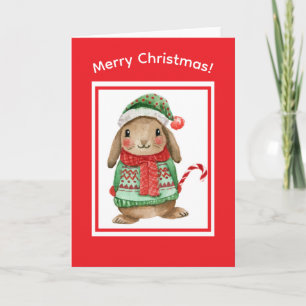 Cute bunny christmas card with candy cane