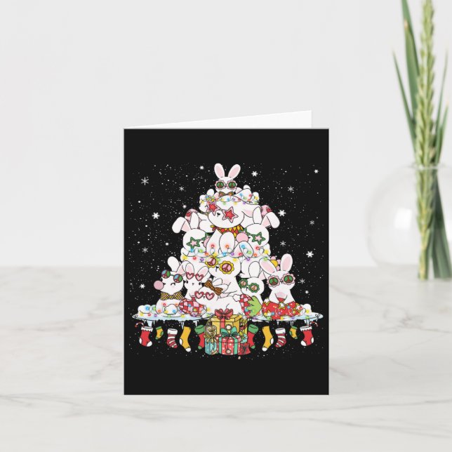 Cute Bunny Christmas Tree White Rabbits Surrounded Card (Front)