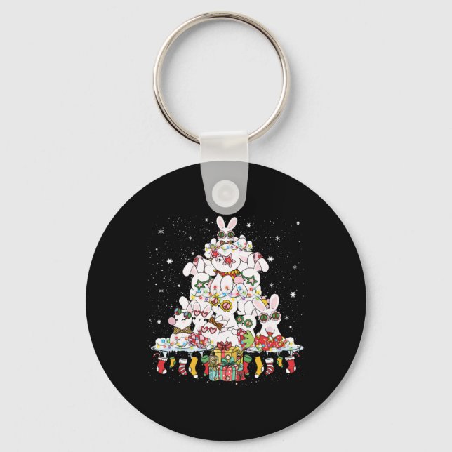 Cute Bunny Christmas Tree White Rabbits Surrounded Key Ring (Front)