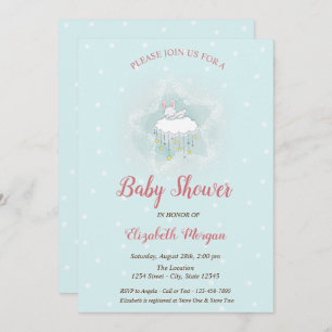 Cute Bunny,Cloud, Stars Blue Dots Baby Shower Invitation