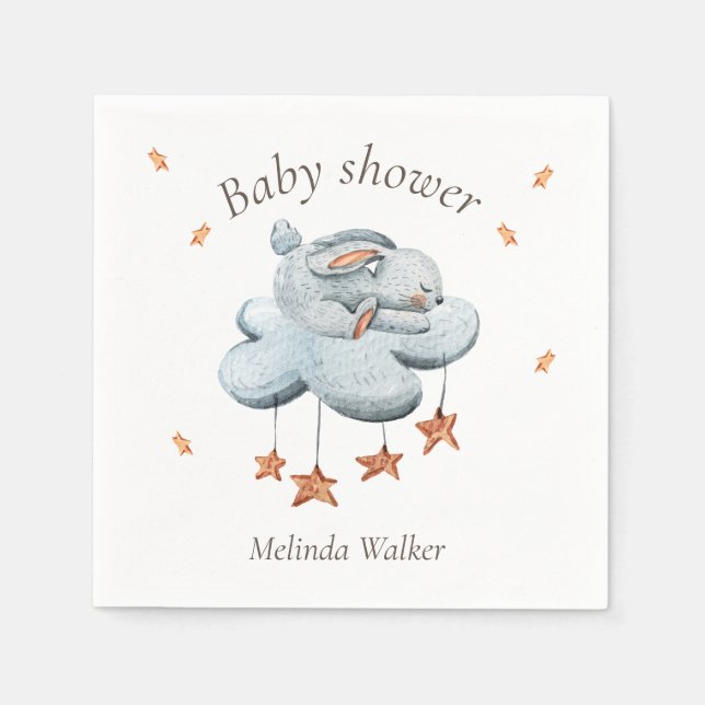 Cute Bunny Clouds and Stars Baby Shower Napkin (Front)