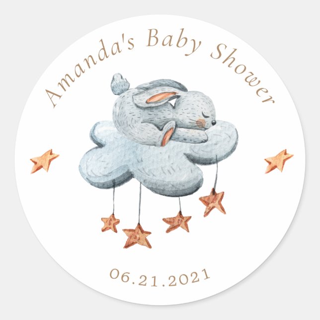 Cute Bunny Clouds Stars Baby Shower Classic Round Sticker (Front)