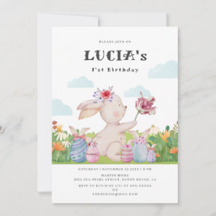 Cute Bunny Cloudy Blue 1st Birthday Invitation