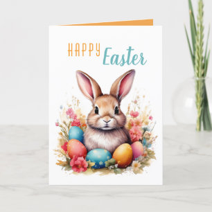 Cute Bunny Colorful Eggs Flowers Happy Easter Holiday Card