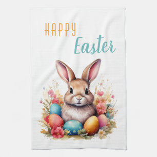 Cute Bunny Colorful Eggs Flowers Happy Easter Tea Towel
