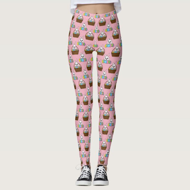 Cute Bunny Colourful Easter Egg Hunt Basket Patter Leggings (Front)