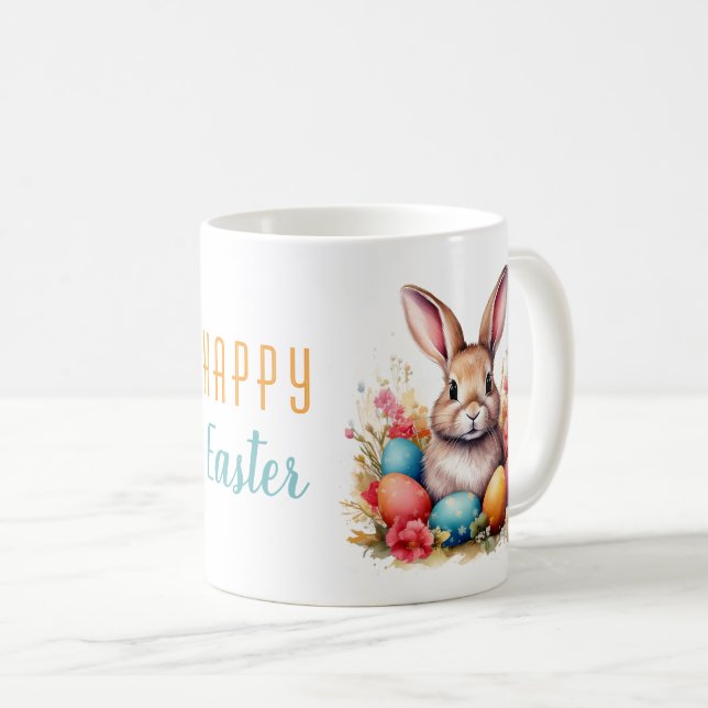 Cute Bunny Colourful Eggs Flowers Happy Easter Coffee Mug (Front Right)