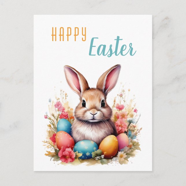 Cute Bunny Colourful Eggs Flowers Happy Easter Holiday Postcard (Front)