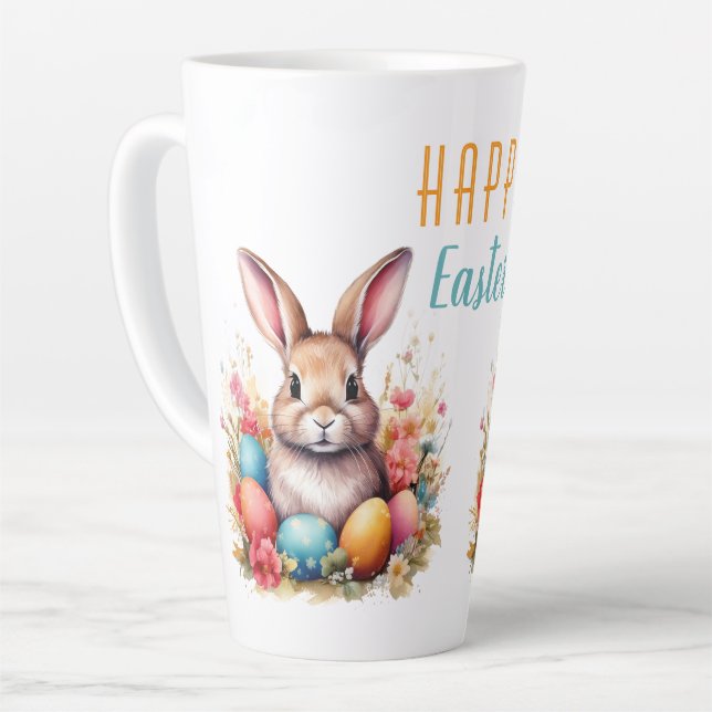 Cute Bunny Colourful Eggs Flowers Happy Easter Latte Mug (Left Angle)