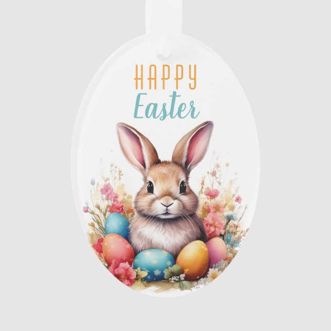 Cute Bunny Colourful Eggs Flowers Happy Easter Ornament (Front)