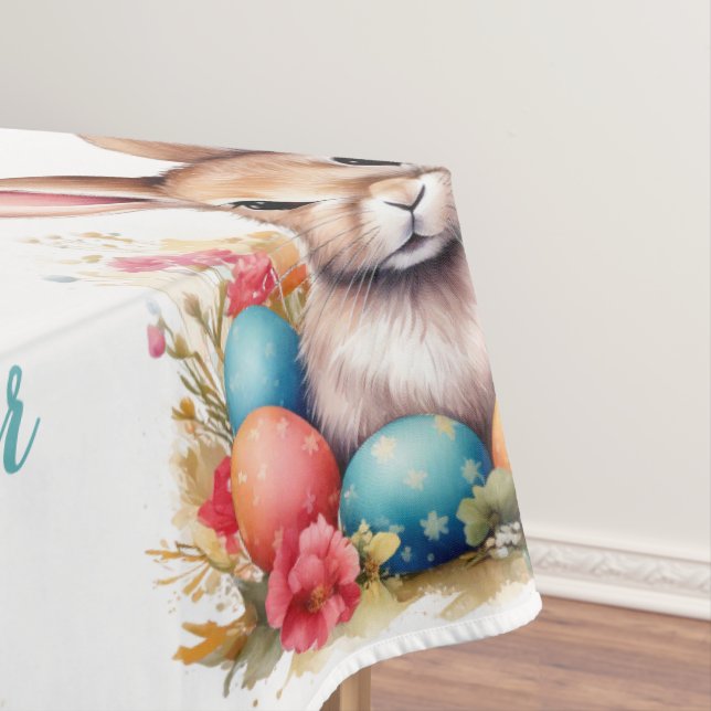 Cute Bunny Colourful Eggs Flowers Happy Easter Tablecloth (In Situ)