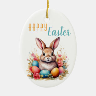 Cute Bunny Colourful Eggs Flowers Photo Easter Ceramic Tree Decoration