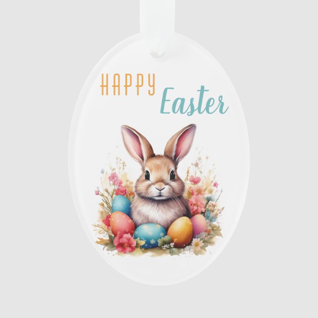 Cute Bunny Colourful Eggs Flowers Photo Easter Ornament (Front)