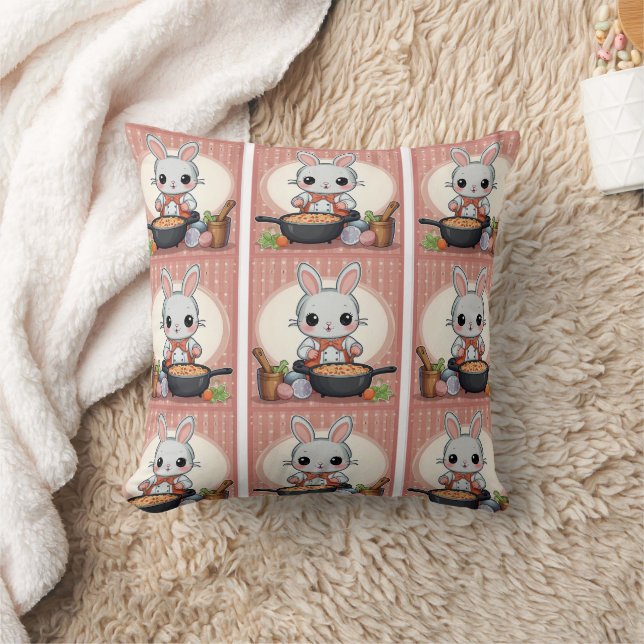 Cute Bunny Cooking Print Cushion (Blanket)