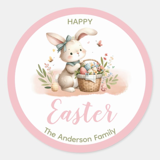  Cute Bunny|Cotton Candy Pink|Happy Easter Classic Round Sticker (Front)
