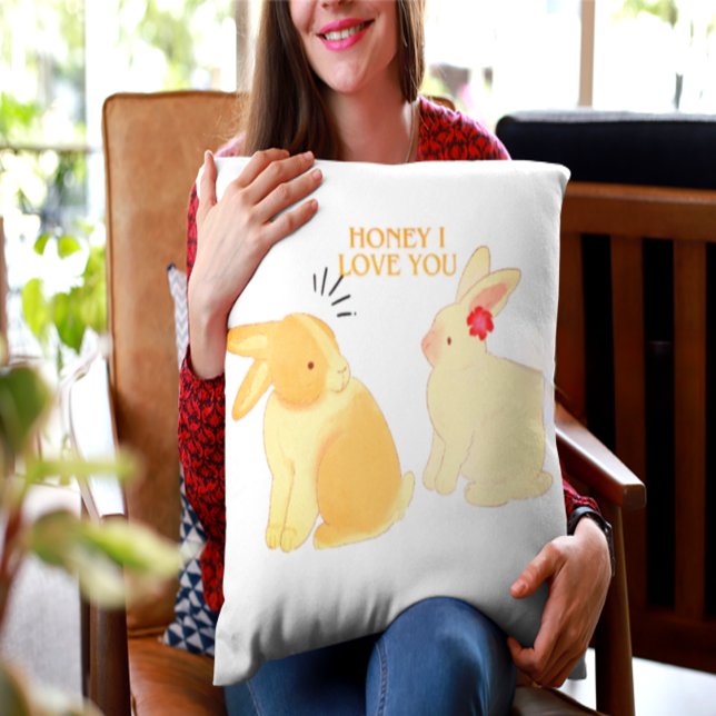 Cute Bunny Couple Love Quote - "Honey I Love You"  Cushion (Creator Uploaded)