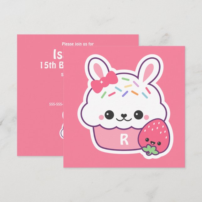 Cute Bunny Cupcake Birthday Party Invitations (Front/Back)