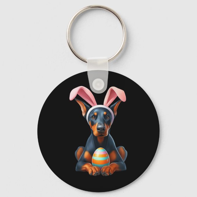 Cute Bunny Doberman Pinscher Dog Easter Hug Eggs E Key Ring (Front)