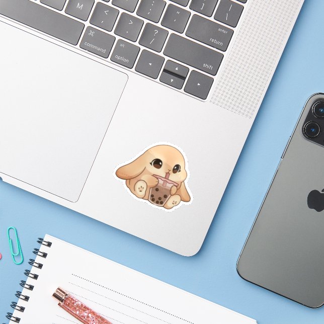 Cute Bunny Drinking Boba Tea Sticker (Laptop w/ iPhone)