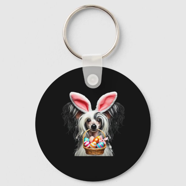Cute Bunny Ear Chinese Crested Dog Easter Egg Hunt Key Ring (Front)