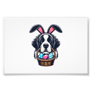 Cute Bunny Ear Saint Bernard Dog Easter Egg Owner  Photo Print