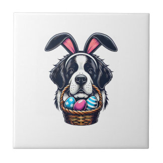 Cute Bunny Ear Saint Bernard Dog Easter Egg Owner  Tile