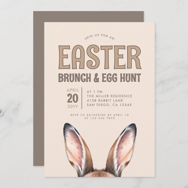 Cute Bunny Ears Easter Brunch and Egg Hunt Invitat Invitation (Front/Back)