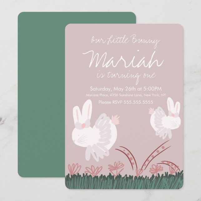 Cute Bunny Easter 1st Birthday Hand Drawn Invitation (Front/Back)