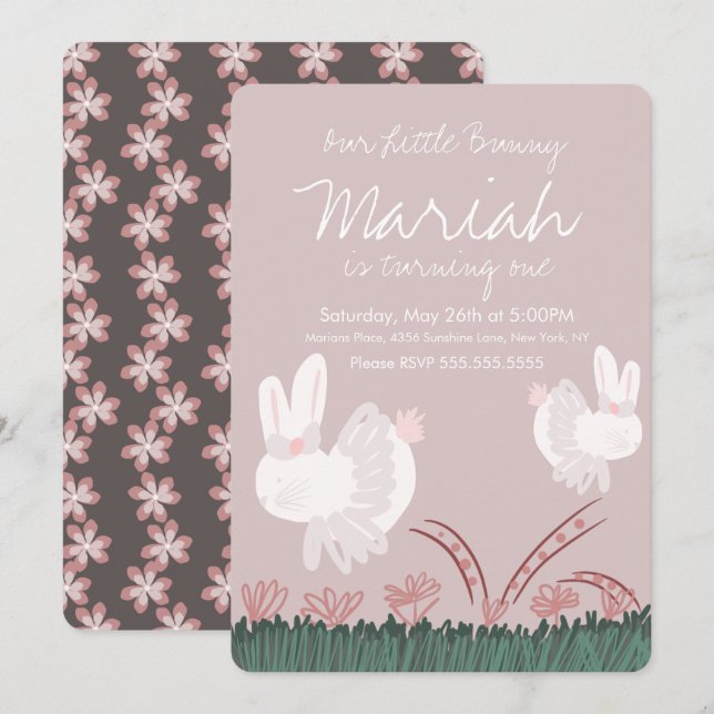 Cute Bunny Easter 1st Birthday Hand Drawn Invitation (Front/Back)