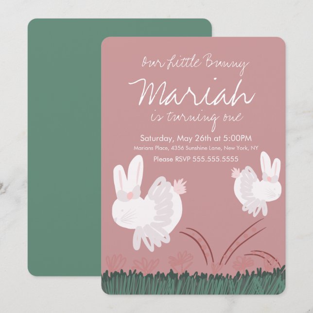 Cute Bunny Easter 1st Birthday Hand Drawn Kraft Invitation (Front/Back)