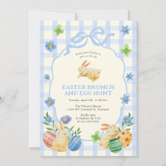 Cute Bunny Easter Brunch & Egg Hunt Blue Checkered Invitation