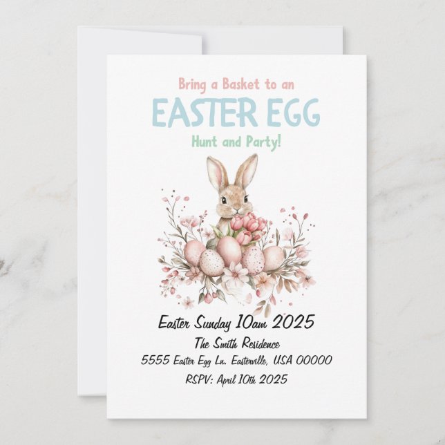 Cute Bunny Easter Egg Hunt and Party Invitation (Front)