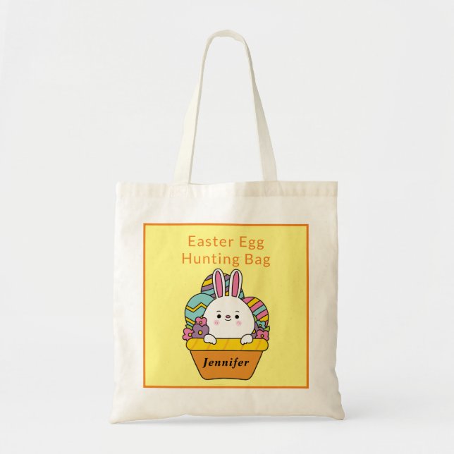 Cute Bunny Easter Egg Hunting Bag Personalise Name (Front)