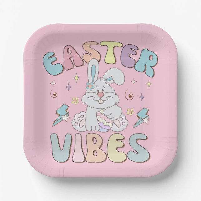 Cute Bunny Easter Vibes Pastel Spring Party  Paper Plate (Front)